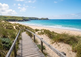 Naklejka premium Sloping wooden boardwalk with handrails descending through sand dunes to a bright tropical beach