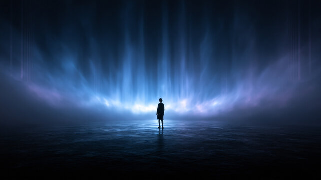 Silhouette of Person Standing Before Glowing Sci-Fi Light