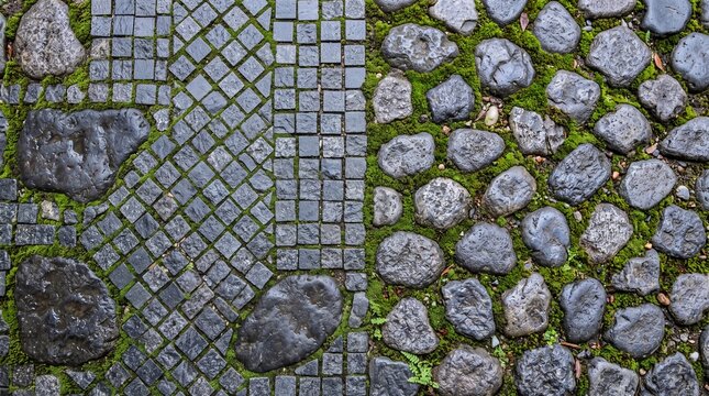 Cobblestone and Pebble Pavement Texture with Moss