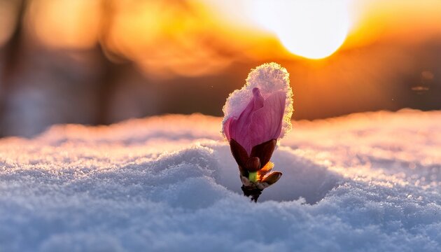 Cherry Blossom Bud Emerging From Snow At Sunrise