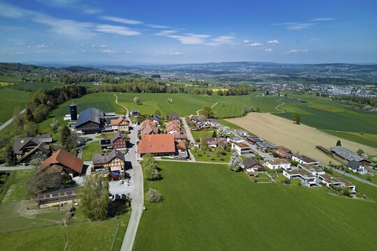 View of the village with farms, Geltwil, Freiamt, Canton of Aargau, Switzerland