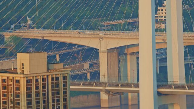 Chongqing cyberpunk city skyline with multilayered bridges for vehicles and trains