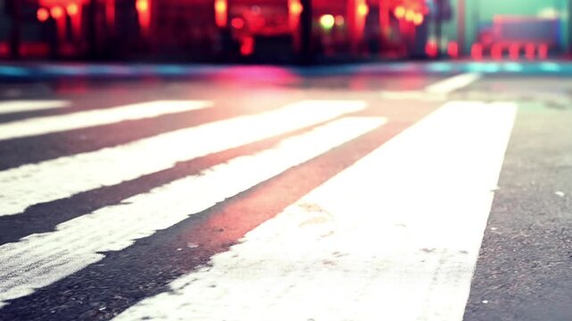 The setting shows a close view of a crosswalk on a city street at night. Colorful lights from nearby buildings add brightness to the scene, creating a lively atmosphere.