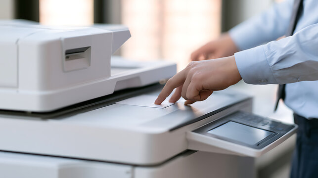 A professional office worker use a modern copy machine in a bright workspace, person press start button on a digital control panel print