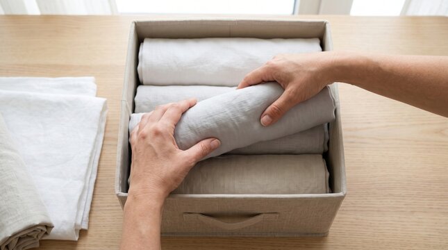 Hands organizing folded linen fabrics into a fabric storage box on a wooden desk