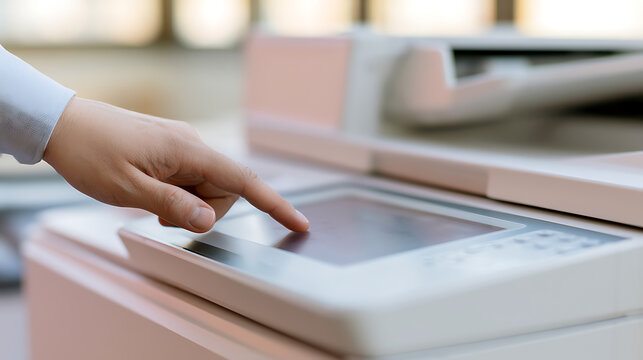 A close up view of an office worker hand use touch screen control panel on large multifunction copy machine printer scanner in modern office