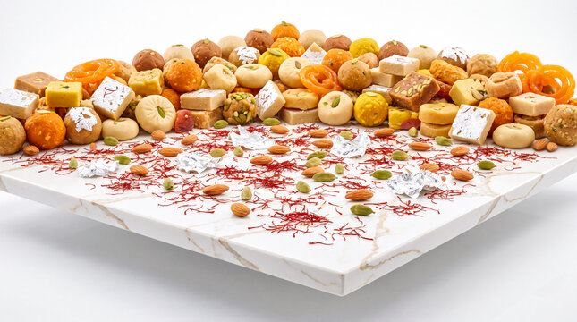 Assorted Indian sweets and mithai arranged on white quartz slab for festive dessert display