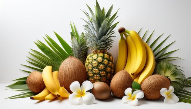 Vibrant Tropical Fruits And Flowers Arrangement On White Background With Pineapples Coconuts Bananas And More