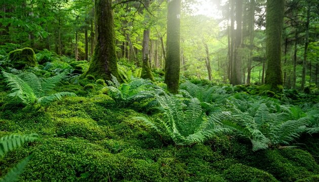 Lush Green Moss And Ferns Thrive On Forest Floor Creating Natural Wonderland Scene