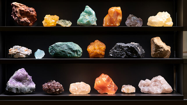 A diverse collection of colorful raw minerals and crystal rocks displayed on dark shelves in a museum exhibit showcase for geology study