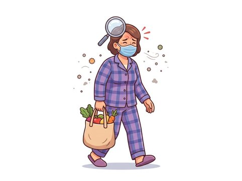Woman Walking Sick with Grocery Bag Illustration