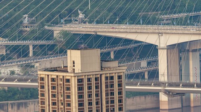 Chongqing cyberpunk city skyline with multilayered bridges for vehicles and trains