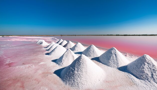 White Salt Mounds By A Pink Lake