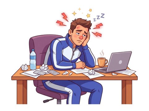 Man at Desk Sleepy with Laptop and Coffee Illustration