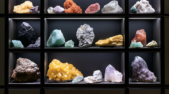 A diverse collection of colorful mineral specimens and crystals illuminated on dark display shelves inside a modern geology museum exhibition