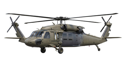 Fototapeta premium Military aviation, dark green military helicopter isolated on transparent background. army transport aircraft cutout. Incredible professionally rendered high quality presentation pieces set.