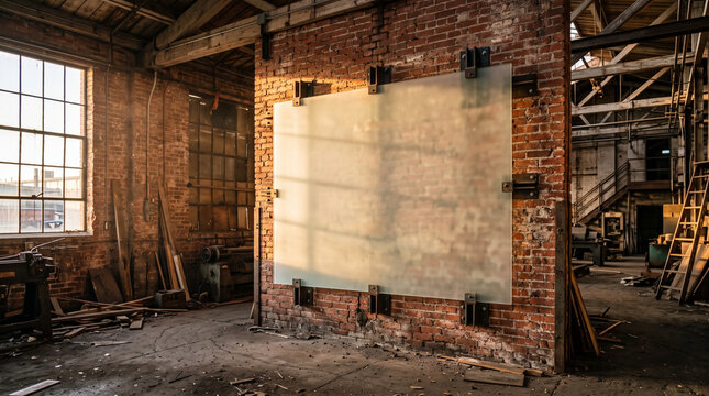 Abandoned industrial workshop with brick walls and scattered tools under dim lighting