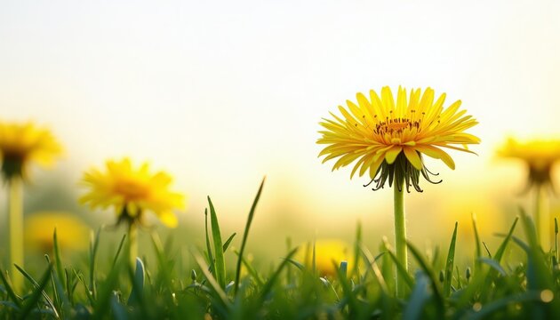 Yellow dandelion in grass field close-up with morning light, single yellow dandelion surrounded by dew-kissed blades and blurred floral background, yellow dandelion for nature editorial,