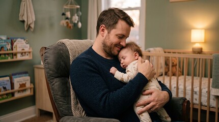 Fototapeta premium Loving father cradles his sleeping newborn baby in a cozy nursery with books and a crib in the background