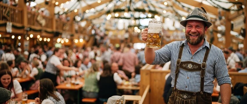 Smiling man in traditional alpine clothing raising a beer mug at a crowded festival hall. Oktoberfest celebration, Bavarian culture and joyful social gathering.