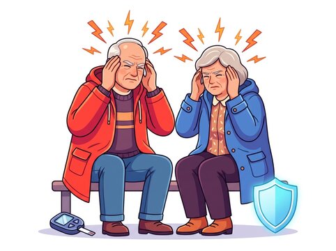 Elderly Couple with Headache and Shield Illustration