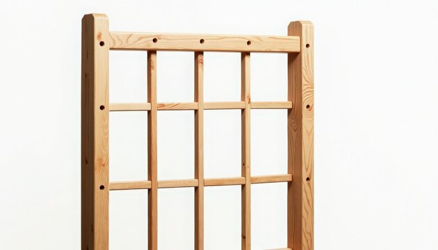 wooden trellis panel with grid lattice, natural pine frame and square openings, closeup showing joints and dowel pegs, warm wood texture and minimalist composition, wooden trellis for garden decor,