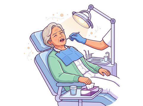 Elderly Woman at Dentist with PPE Illustration