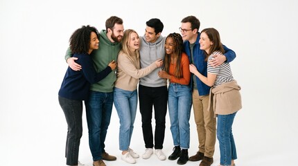 Fototapeta premium Diverse group of friends laughing and hugging together in a studio setting