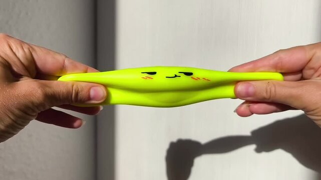 Hands squeezing a bright yellow squishy toy shaped like a dumpling, showing the playful action of stretching and compressing in a well-lit indoor setting