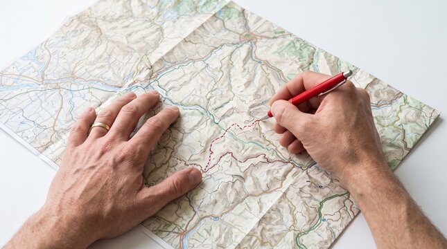 Person planning a route on a topographic map with a red pen