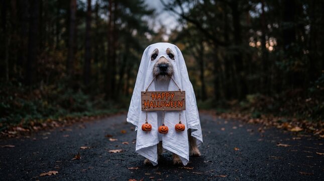 dog in a ghost costume holding a happy halloween sign outdoors at night
