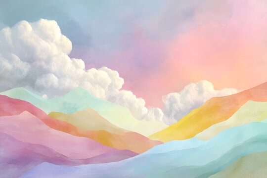 Pastel-Toned Mountain Landscape with Mist