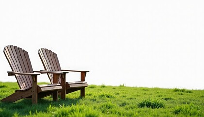 Fototapeta premium Adirondack chairs on green lawn with twin wooden seats and wide armrests, adirondack chairs paired for outdoor relaxation beneath clear sky and soft sunlight,