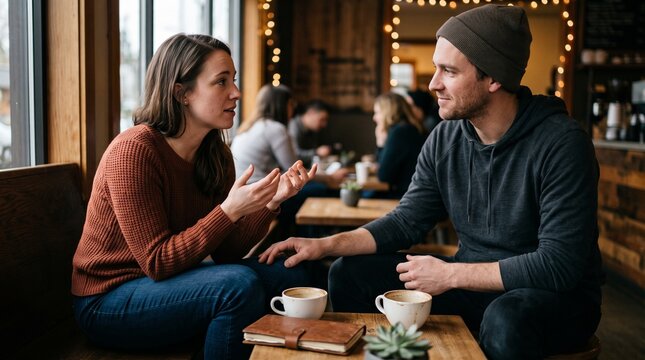 Couple engaged in conversation at a cozy coffee shop with warm lighting and bokeh background