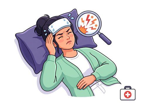 Woman Sick with Headache Ice Pack Bag Illustration