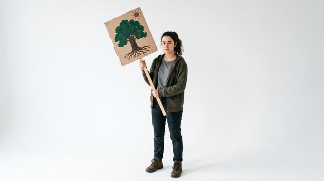 Young woman holding a protest sign with a drawing of a tree and sun