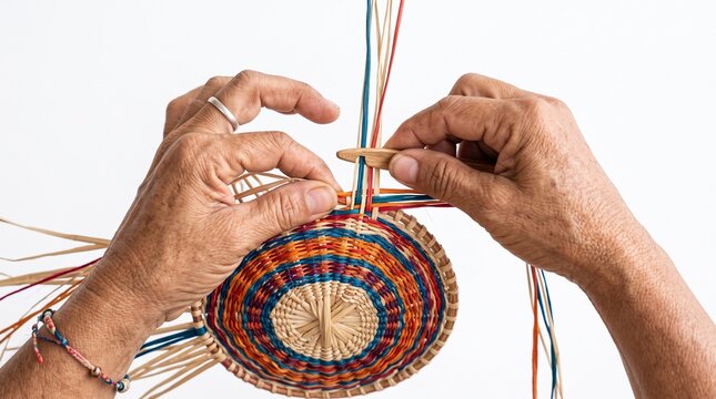 Close up of hands weaving a colorful basket with natural fibers and dyed reeds