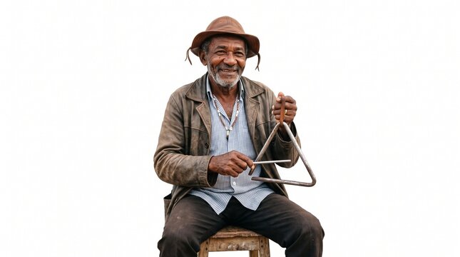 Elderly Black Man Playing Triangle Instrument Smiling Against White Background