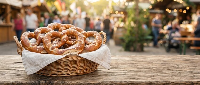 Basket of salted pretzels on a rustic wooden table at an outdoor market. Traditional baked snack and street food concept with blurred people, cafe lights, and copy space.
