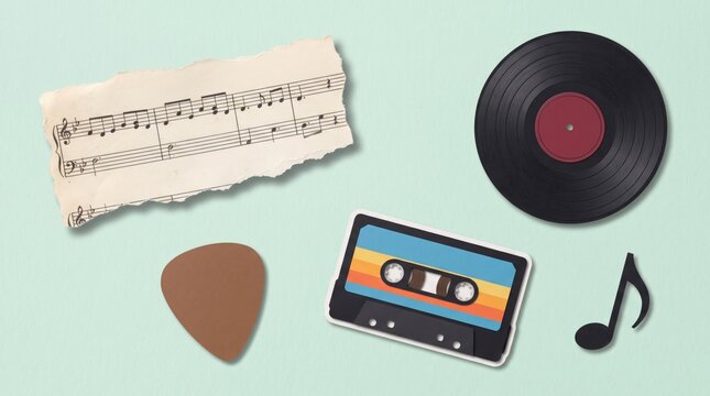 Music Note Vinyl Record Cassette Flat Lay Mint Photo