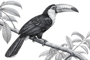 Naklejka premium Black and white toucan bird perched on a branch