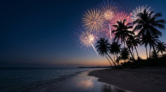 Fireworks behind palm trees over a tropical beach at dusk  