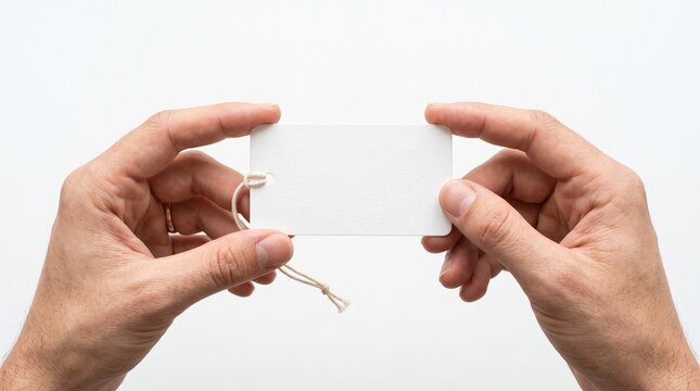 Hands holding a blank white tag with string on white background