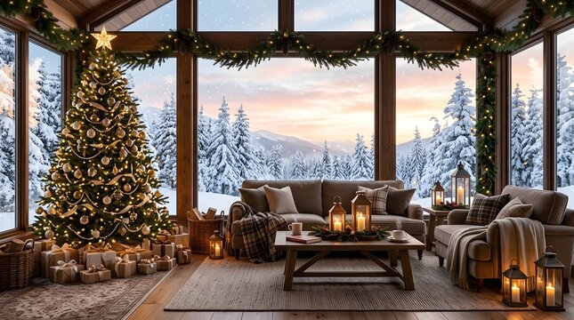 Cozy living room interior with a decorated christmas tree and large windows overlooking a snowy winter landscape