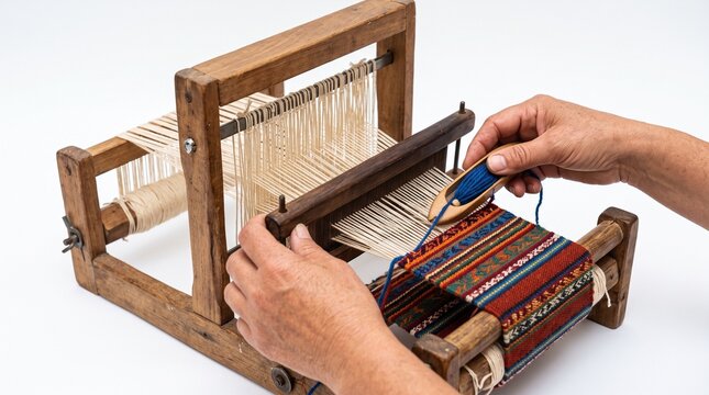 Hands weaving colorful fabric on a wooden loom with blue yarn and shuttle