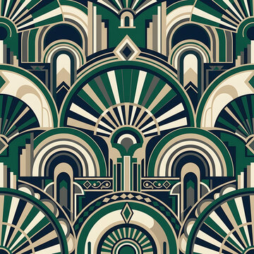 Seamless art deco pattern featuring elegant geometric arches and fan motifs in deep green and gold tones