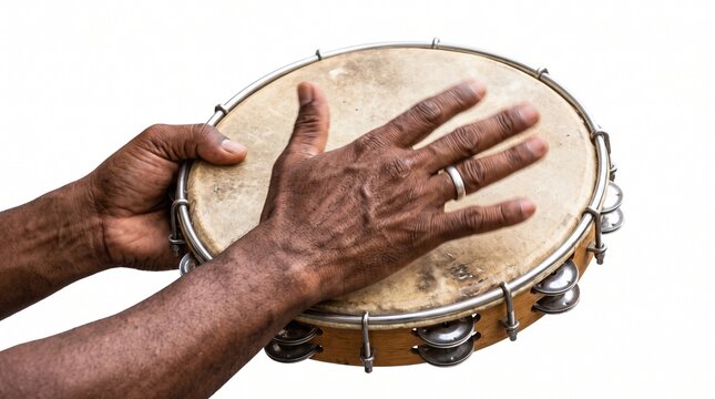 Close up of hands playing a pandeiro drum with jingles on white background