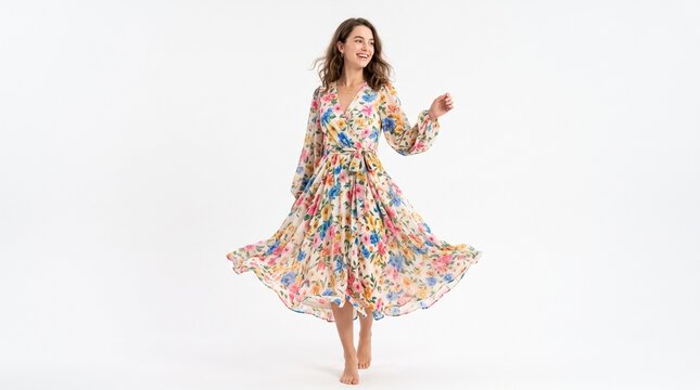 Woman in a flowing floral print wrap dress twirling on a white background
