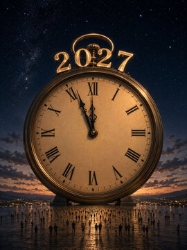 An antique pocket watch showing five minutes to midnight under the golden year 2027.