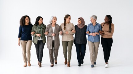 Obraz premium Diverse group of women of different ages and ethnicities walking together arm in arm